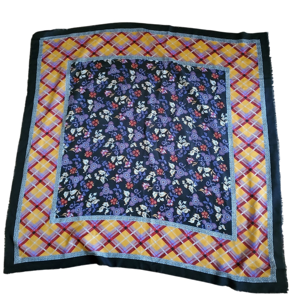 Vintage Babushka Scarf Shawl Jacobean Floral w Tartan Plaid Border 45" Square